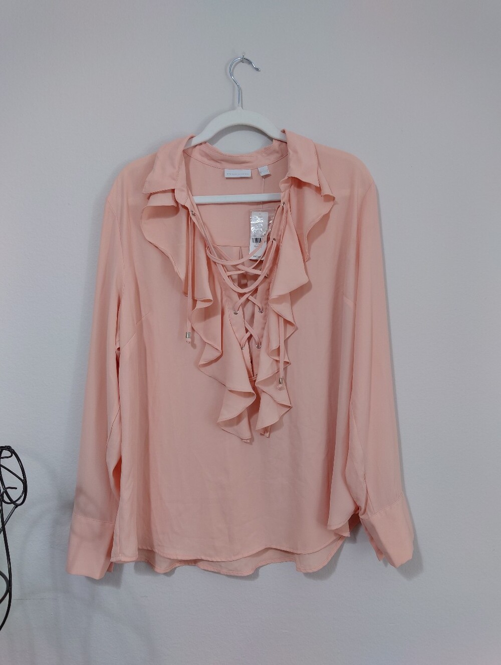 New York & Company Blush Pink Lace Up Ruffle Blouse XL NWT